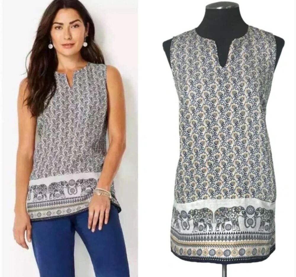 J.Jill Love Linen Medallion Elephant Boho Sleeveless Split Neck Tunic Top XS